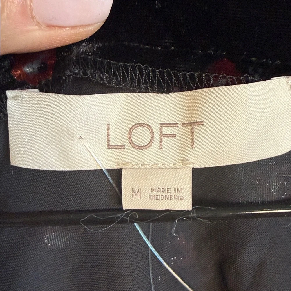 LOFT Black Velvet with small red roses and capped sleeves. NWOT